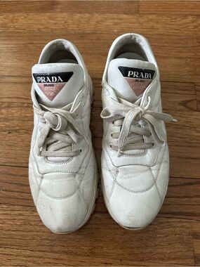 Prada White Leather Sneakers with Pink Logo Triangle